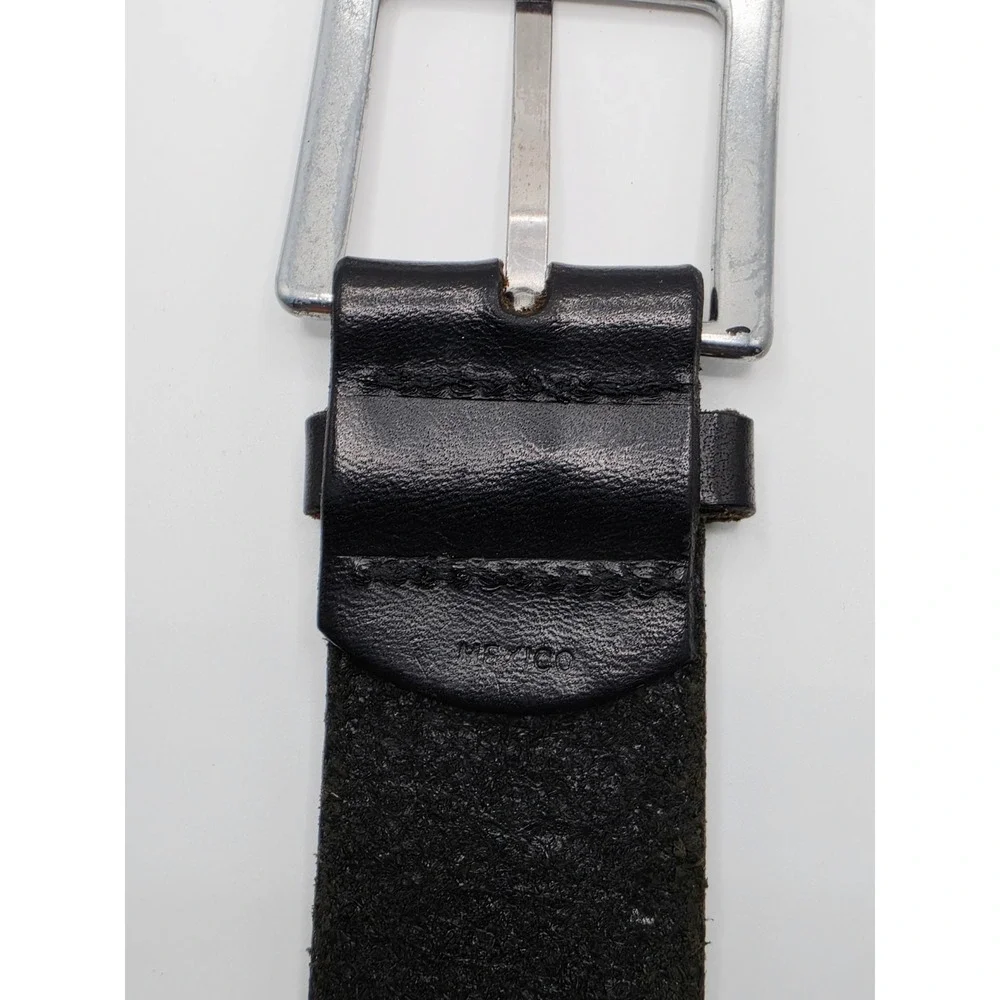 DKNY Jeans Mens Black Leather Belt Silver Square Logo Buckle Made in Mexico 34